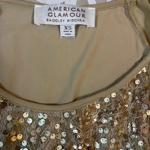AMERICAN GLAMOUR BADGLEY MISCHKA Tan/ Gold sequins blouses top Sz XS - Picture 6 of 9